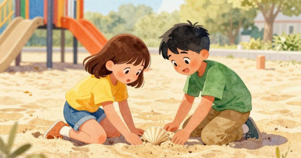 法伊在沙坑中展示完美的模具印痕給巴姆，兩人眼神交流充滿驚喜與分享，溫暖夕陽灑下。