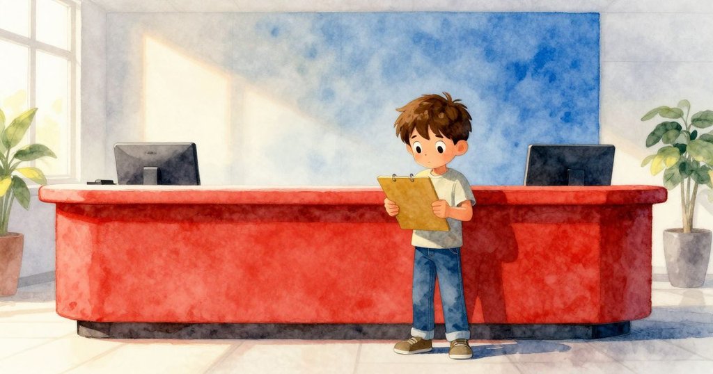 小男孩迪恩在大廳內拿著處方卡細看文件,柔和晨光映照自動門和接待桌,流露專注與期待情緒