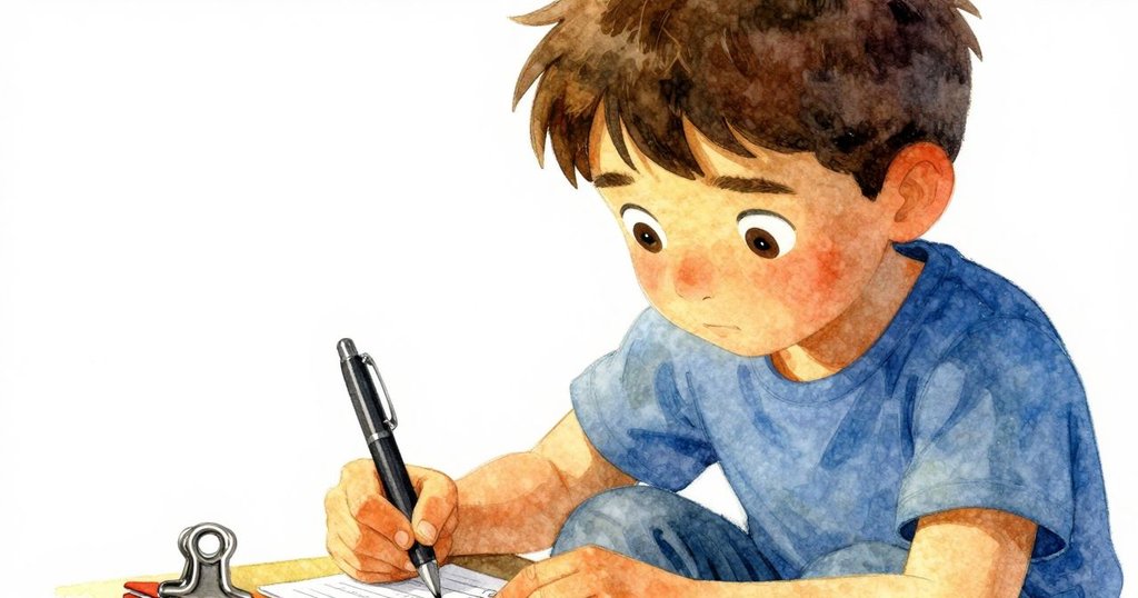 小男孩迪恩專注操作筆夾,細緻呈現金屬光澤和處方卡紋理,畫面聚焦手部動作與細部質感