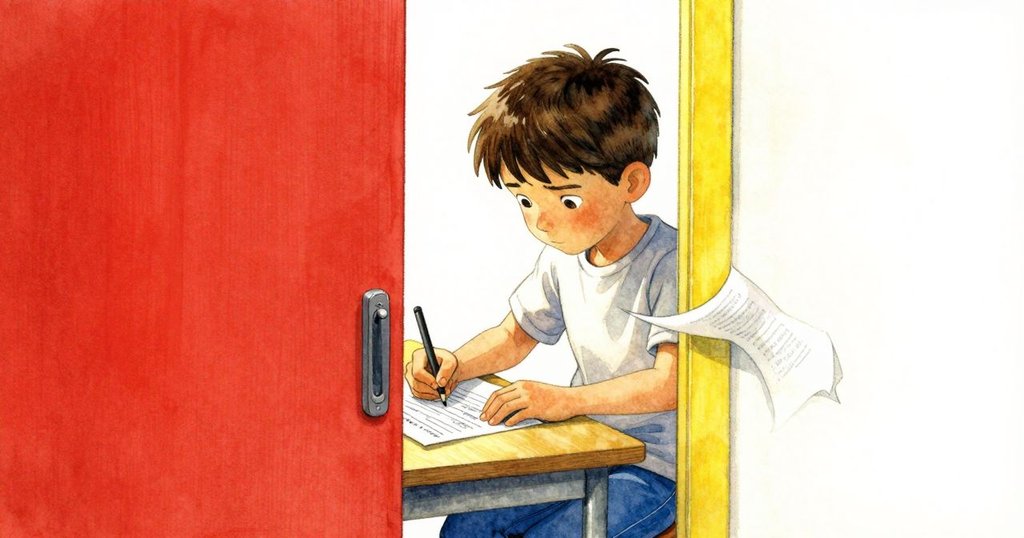 透過門縫觀察到迪恩在桌邊填寫文件,隨風飄動的同意書輕觸手腕,表情專注中帶驚訝