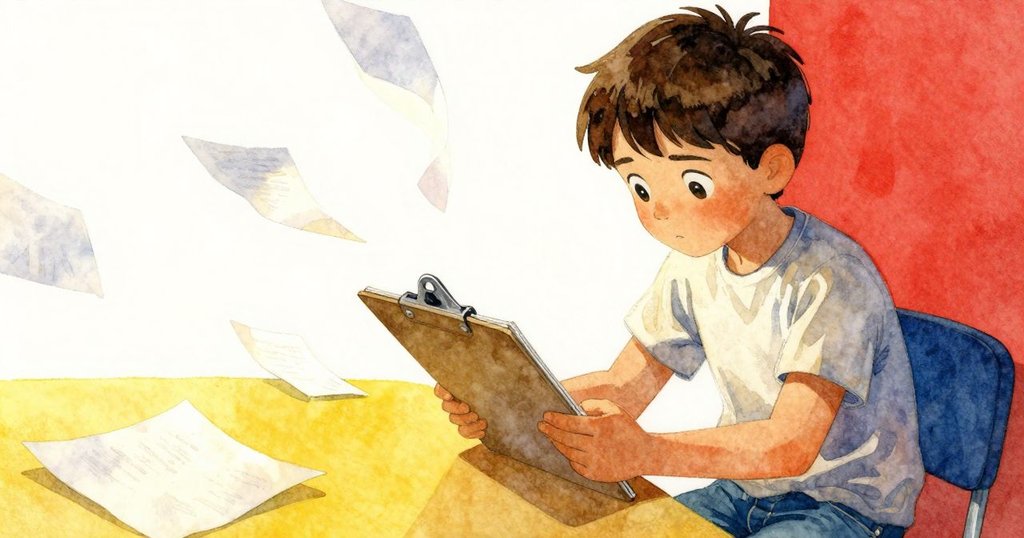 文件板緩緩滑向桌邊,散落的紙張如漂浮於水中,夢幻朦朧光線中呈現超現實質感