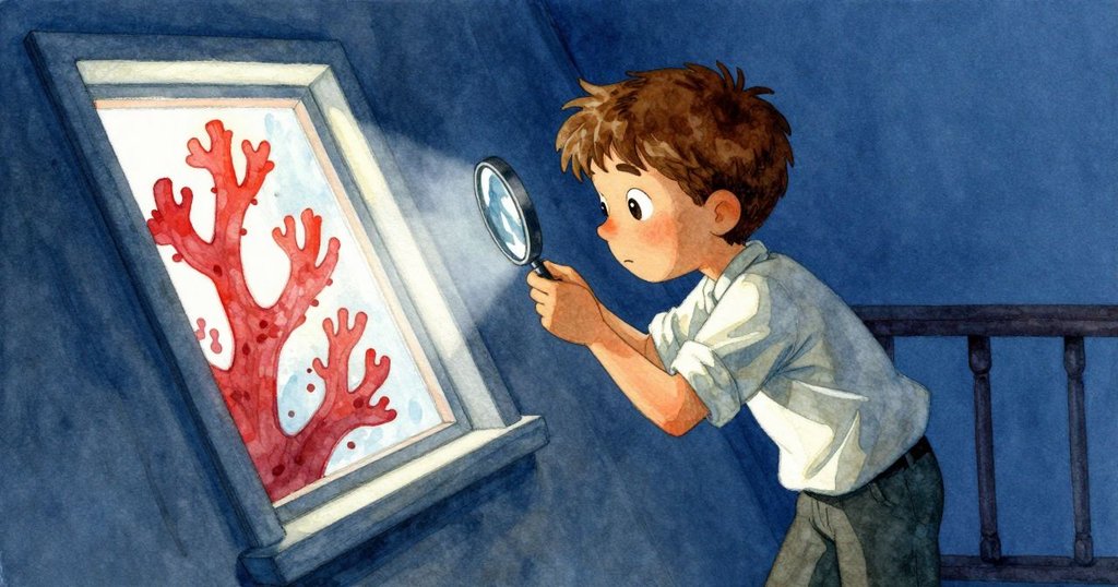 Silas站在欄杆旁，傾斜視角下調整放大板，背景中有珊瑚窗和發光的水面，展現探索熱情