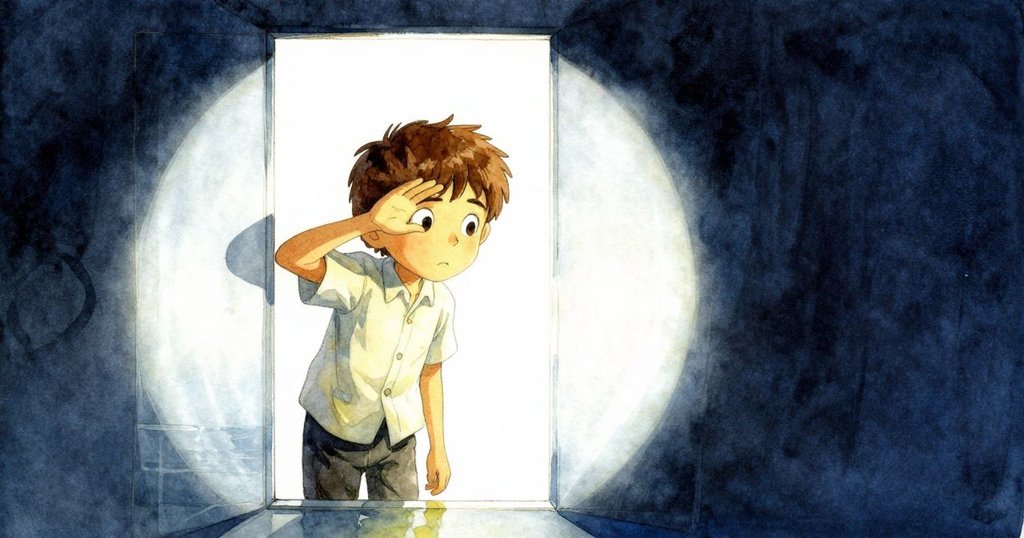 Silas用手掌遮擋強光，玻璃上倒映出水面細節，周圍留白凸顯光線，表情專注