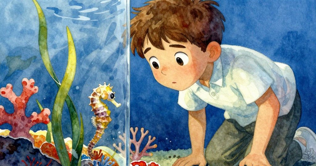 從高處俯視Silas凝視玻璃，發現依附海草的小海馬，珊瑚輪廓若隱若現，充滿驚喜