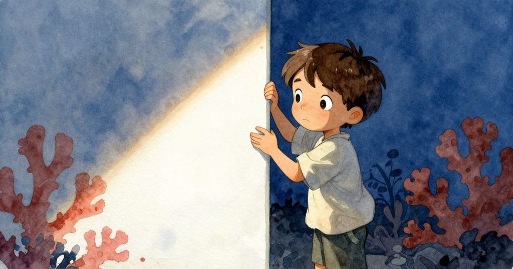 Silas在柔和水母燈光下調整放大板，水面展現微弱珊瑚輪廓，光線交錯呈現平靜探索情景