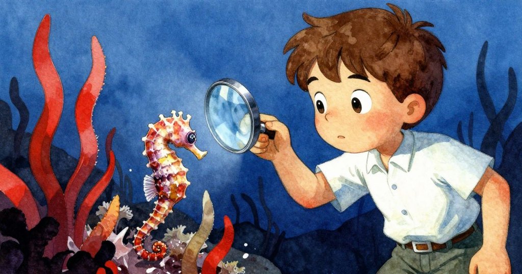 Silas果斷傾斜放大板降光，水中小海馬在海草中清晰顯露，臉上展現堅定探索神情