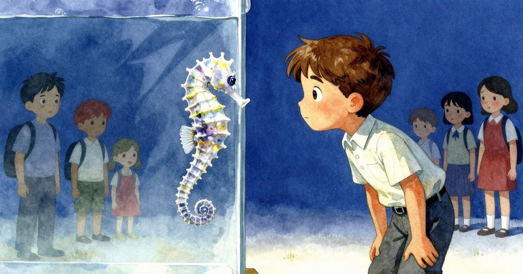 隨著家長快門響起與學校團隊悄然出現，Silas凝視玻璃內的小海馬，暗示探索之旅仍在繼續