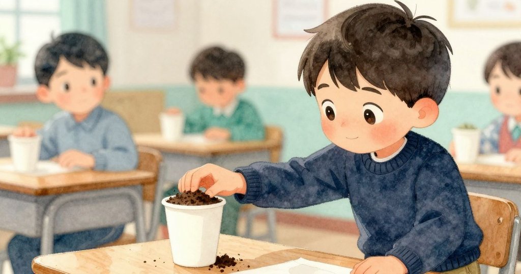 萊爾專注地平衡著裝滿乾土的紙杯,臉上流露堅定神情,背景呈現教室桌面與實驗器材。