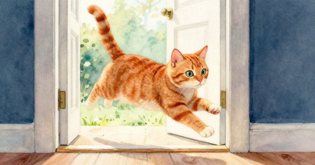 貓咪從窗臺躍向開著的門外,柔和自然光灑進走廊,展現從室內向室外過渡的動態美感。
