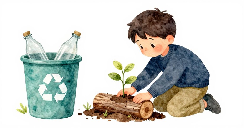 萊爾在桌上將小樹苗植入空心木塊中,細心整理夾實土壤,空瓶緩旋向回收箱,象徵任務圓滿完成。