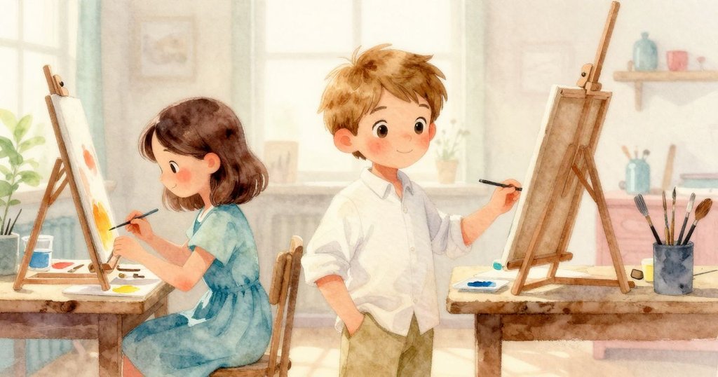 艾邁特與霍莉在充滿晨霧的畫室中忙碌作畫，柔和晨光映照工作台與彩色顏料杯，充滿期待和溫暖情緒。