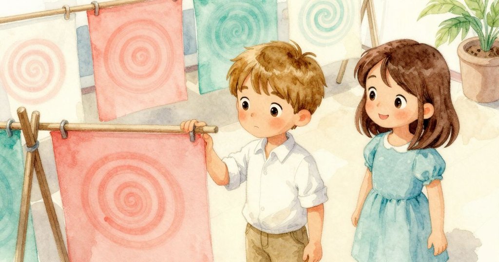 從高處俯視看見艾邁特與霍莉欣賞掛在曬架上的大理石畫紙，細密漩渦映襯著柔和燈光，滿含自豪與寧靜。