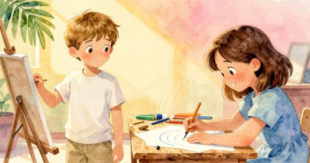 霍莉與艾邁特協同作畫，霍莉優雅揮動畫棒畫出弧線，艾邁特穩持梳子捕捉落下顏料，動作充滿活力與默契。