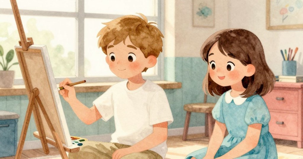 艾邁特與霍莉在充滿自然光的畫室內靜靜欣賞完成的藝術品，臉上洋溢著滿足與安寧，彷彿創作後的深刻休息。