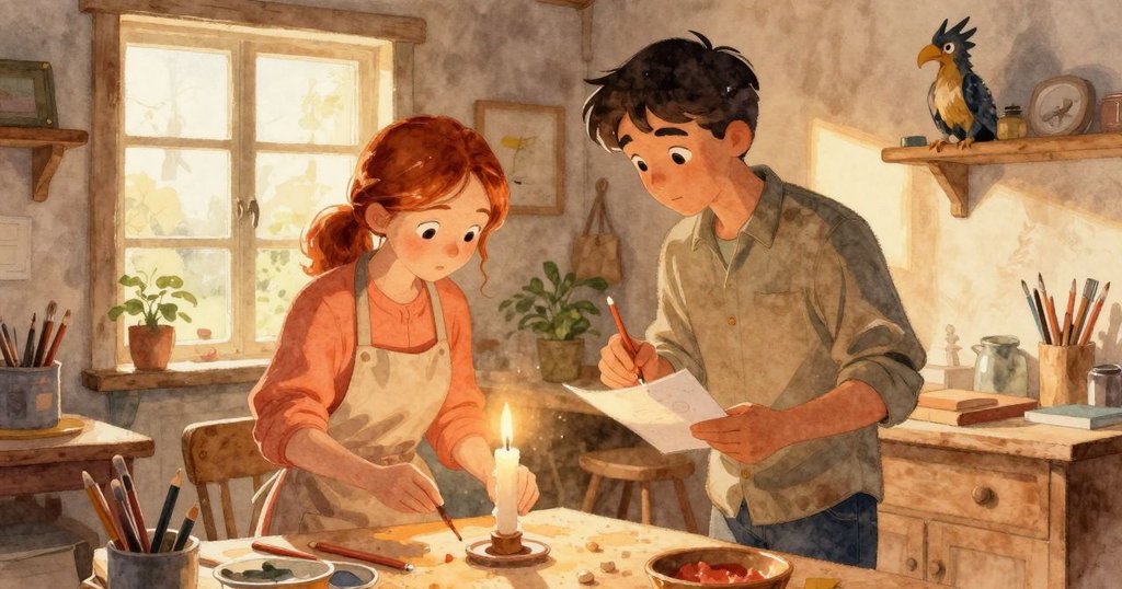 Esme和Griffon在溫暖工作室中工作,桌面上擺著蠟燭工具,光線柔和且充滿期待感,展現開始創作氣氛