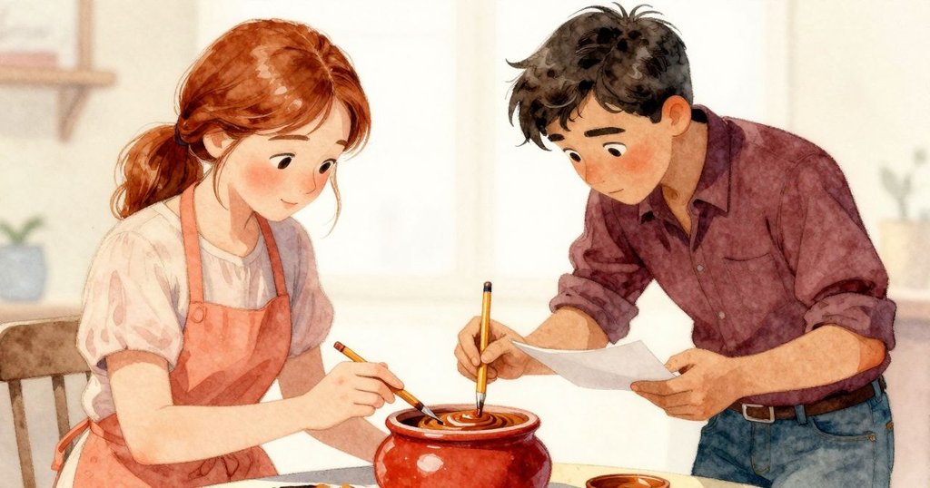 Griffon仔細記錄紅鍋蠟層變化,Esme調整工具,特寫細節展現工藝精妙,氛圍溫馨充滿專注