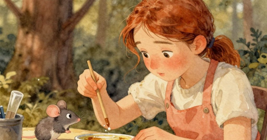 一隻小鼠從低角度觀看Esme與Griffon作業,蠟滴與工具細節清晰,營造出詩意而活潑的場景