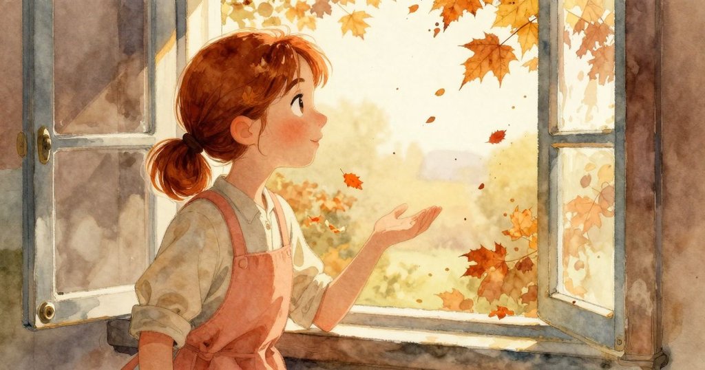 Esme停下工作注視窗外秋天金黃落葉,室內外光影交錯,充滿溫暖靜謐的藝術氛圍