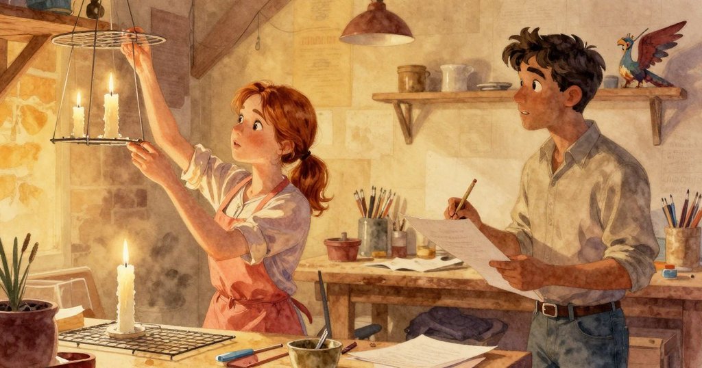 Esme完成蠟燭製作將把手懸掛在架上,Griffon記下最後一筆,寧靜溫暖的工坊迎接創作落幕