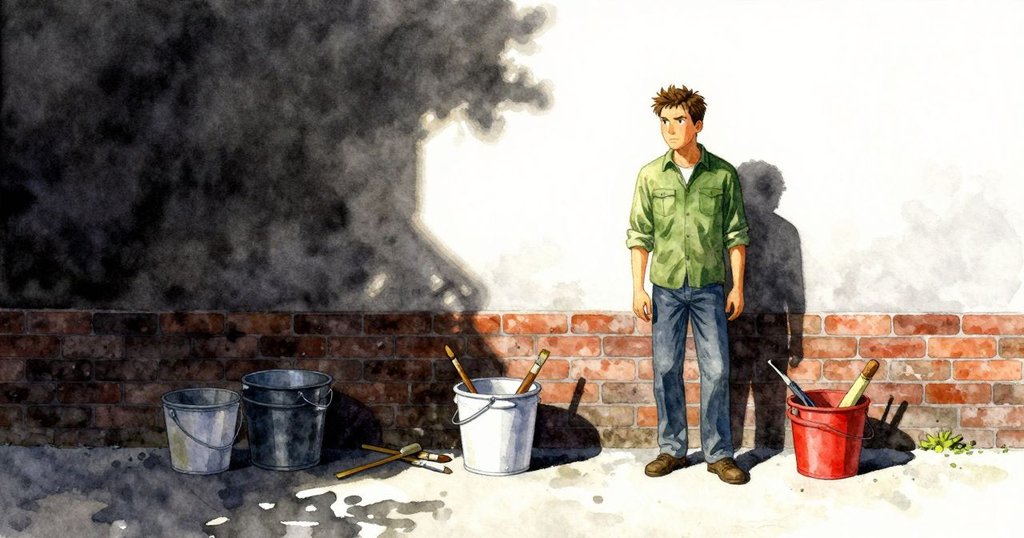 Drake在戶外牆前檢查工具, 桶整齊排列, 紅色油漆線明顯, 充滿好奇氣氛與溫暖光線