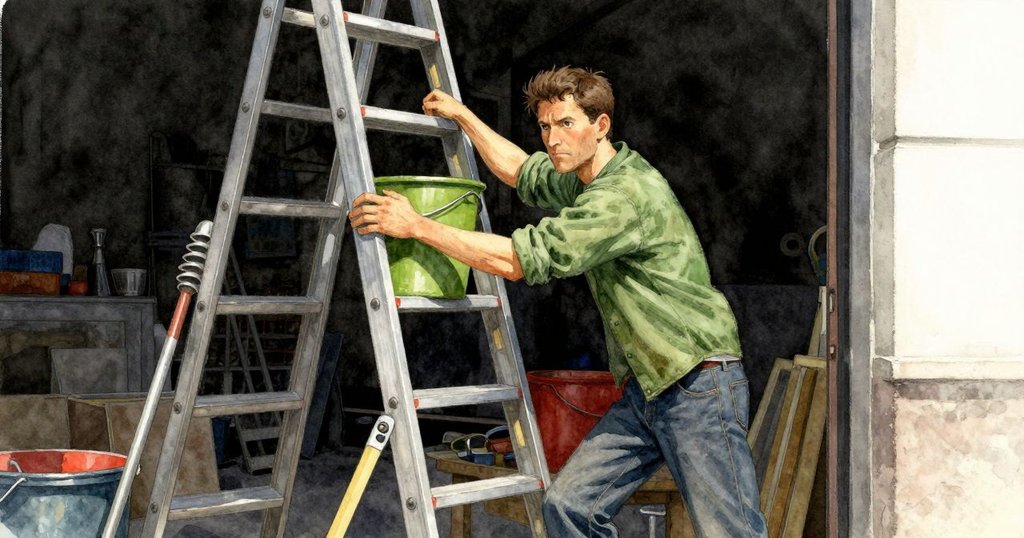 Drake在多層工具間穿梭, 積極尋找並取回綠色桶子, 背景有梯子與滾筒, 表情堅定