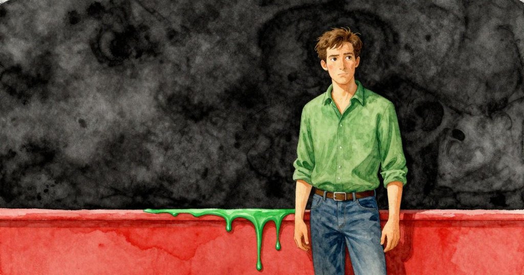 Drake憶起綠色油漆流淌過紅色界線, 懷舊柔和色調滲透牆面, 表情沉思, 過去與現在交錯的場景