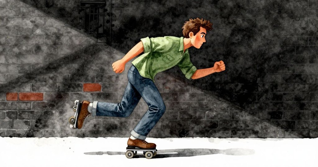 Drake急速奔跑於牆邊, 握著滾筒塗抹綠色油漆, 表情急迫專注, 戶外城市背景動感十足