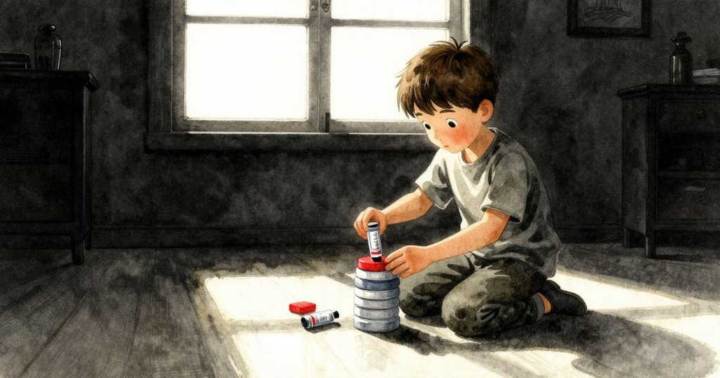 格蘭特在溫暖客廳調整書本與歪斜紙筒, 反射中展現專注神情, 燈光柔和, 場景氛圍期待