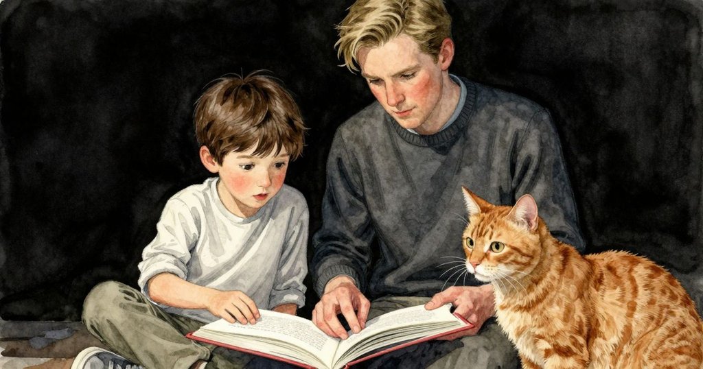 格蘭特的手在近景中輕觸薄平裝書與光滑彈珠, 指尖動作細膩, 地毯紋理清晰, 氣氛專注