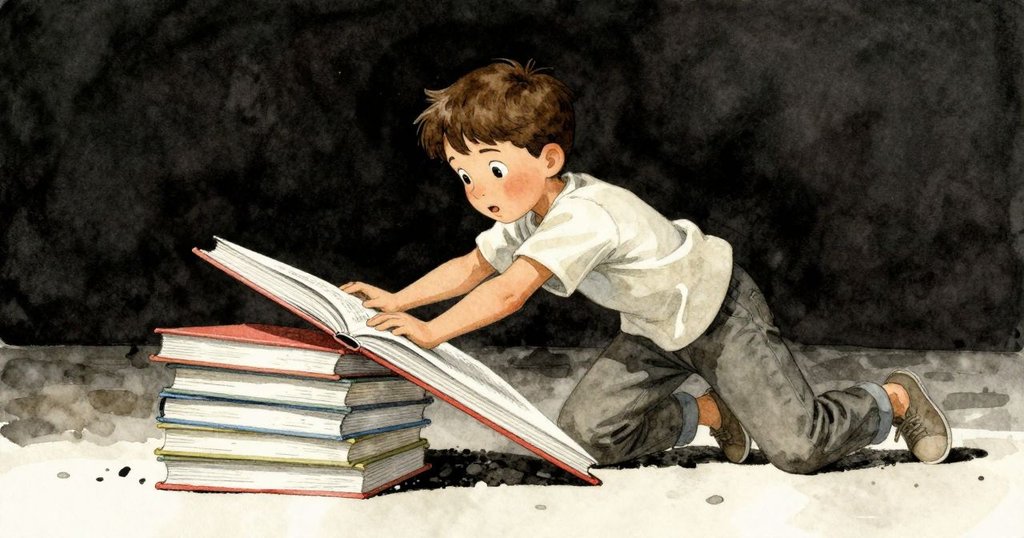 格蘭特側面專注地將薄書滑入搖晃書堆下, 書本與紙筒微妙傾斜, 氣氛充滿緊張與期待