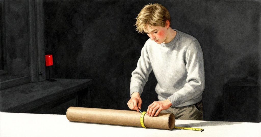 西勒斯在背景忙著裁切新紙筒, 地板上金屬捲尺閃耀光澤, 格蘭特於前景中展現專注, 呈現疊加回憶感