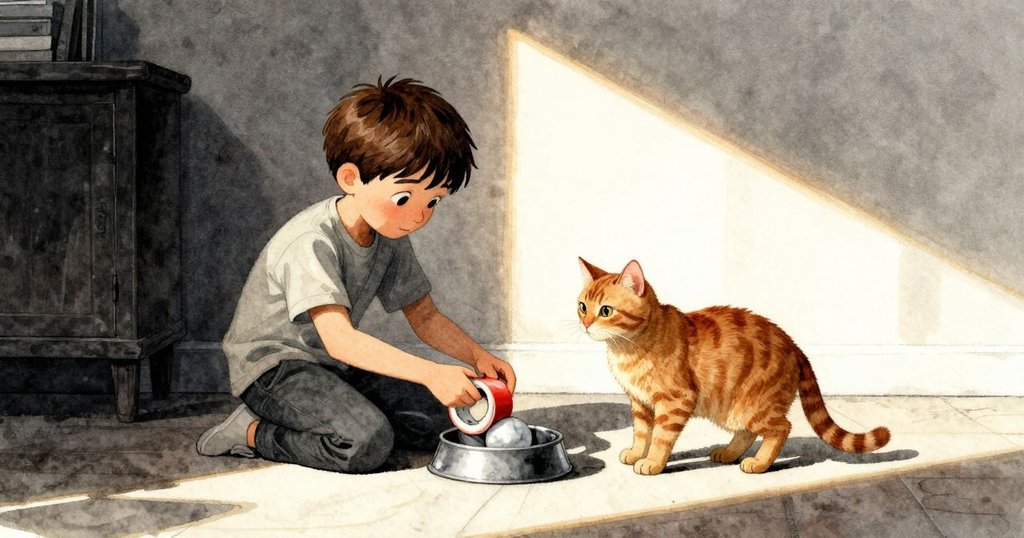 溫暖黃昏中, 格蘭特固定最後一條膠帶, 彈珠穩穩滾入金屬碗, 烏娜靜靜旁觀, 場景充滿安定與成功感