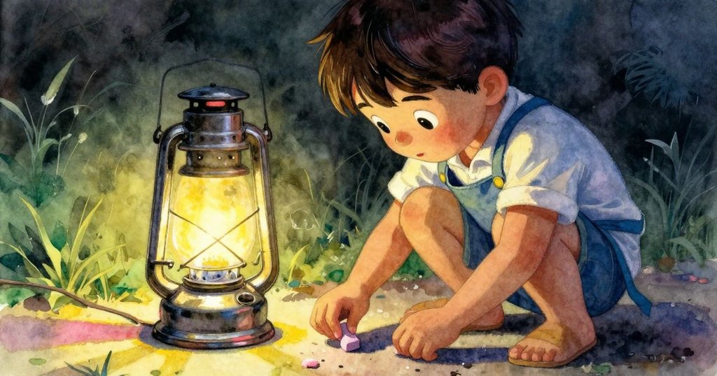 奧斯卡在鄰區蹲著舉起粉塊,臉上流露驚喜,金色陽光與燈光交織映照