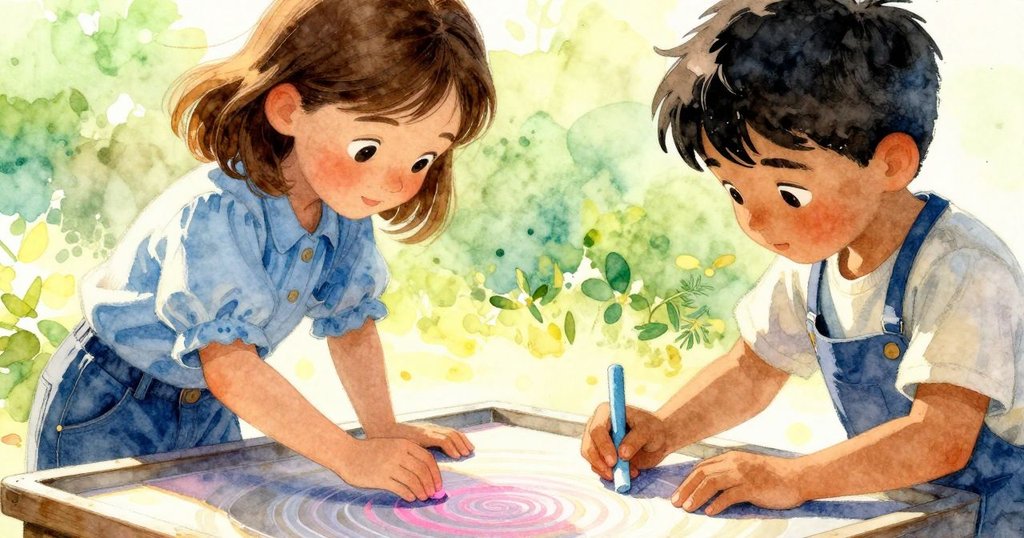 篩台上粉塊安放,螺旋圖案在陽光中閃耀,象徵著完成與奇蹟的瞬間