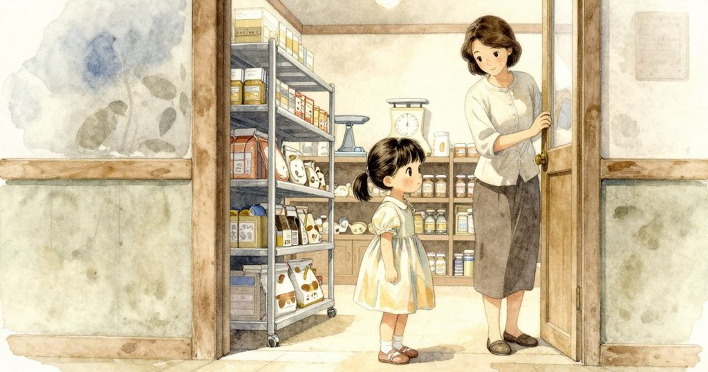 Hana走進寵物用品區，母親在架上看繩套，入口充滿暖光，現場細節豐富，展示開始的情景