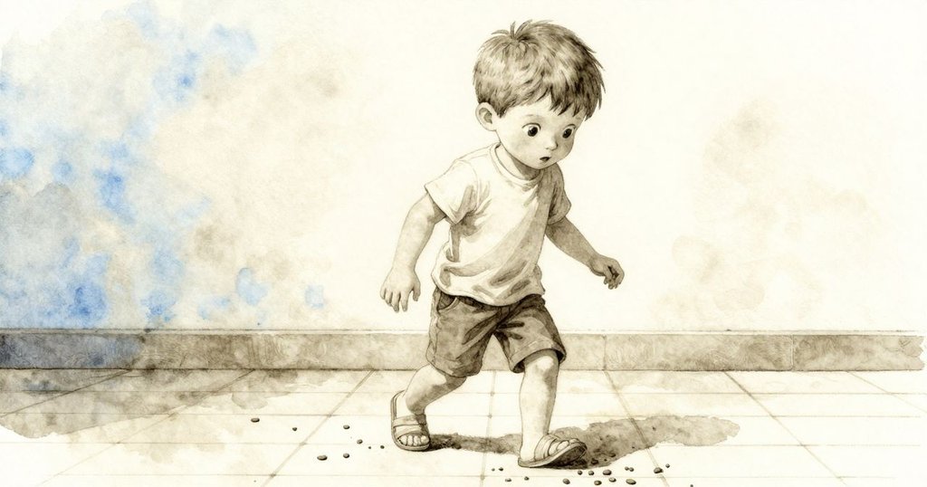 Dean離開櫃台，腳步輕移在瓷磚上散落的棕色顆粒中，畫面呈現靜謐動感