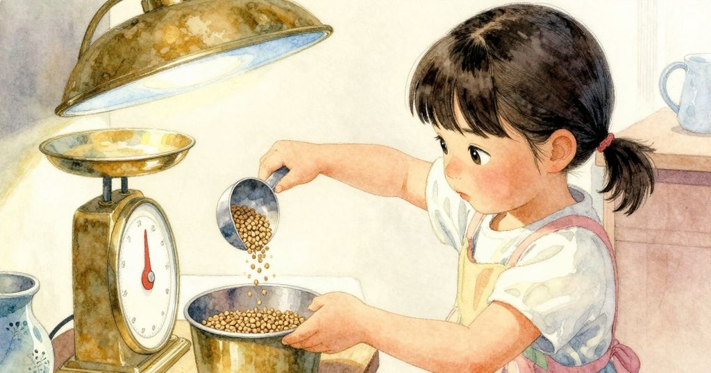 Hana從高角度俯視操作金屬鏟子倒入容器，顆粒落下使秤針偏移，展現細膩專注的行動