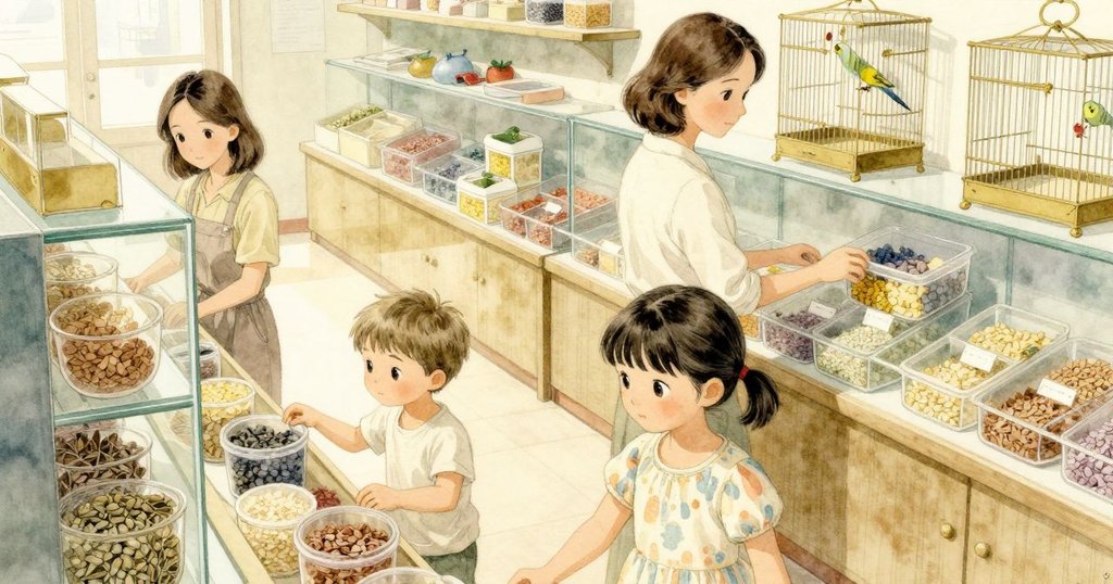 從高空俯瞰整個櫃台區，種子桶、玻璃展示和鳥籠井然有序，鸚鵡跳動中呈現忙碌氛圍