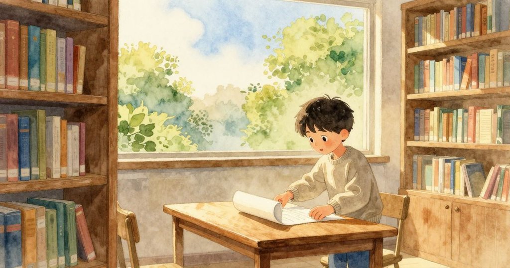 凱恩在安靜圖書館內動手整理桌上書籍與紙條,桌面光線溫暖,細節豐富展現開始的故事情境