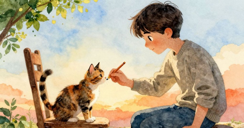 凱恩用鉛筆輕推位於椅上的貓咪,畫面分割展現專注與悠然互動,傳達故事進展中的微妙情感
