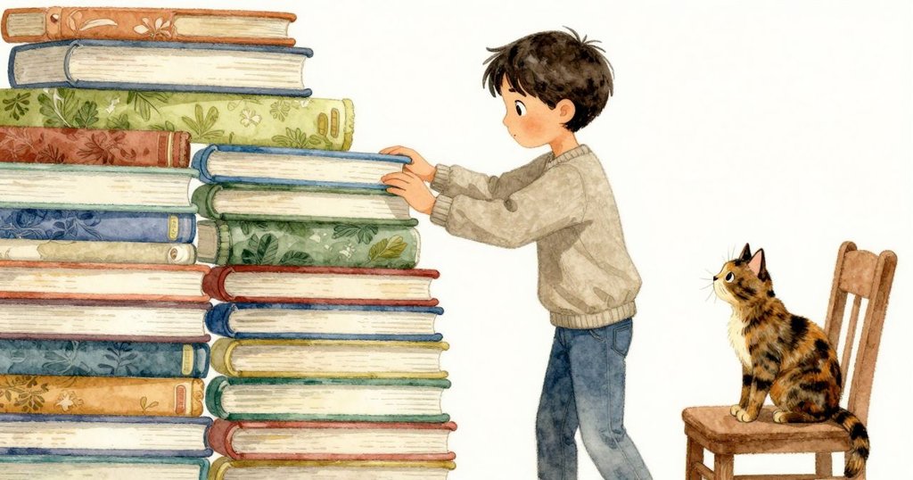 凱恩小心穿越搖晃的書堆與椅上貓咪間窄小區域,光影柔和呈現秩序與混亂交匯處的微妙緊張感
