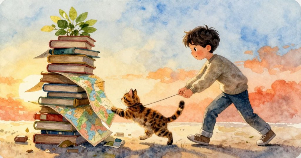 凱恩迅速拉出厚重地圖冊,書本隨即下落,貓咪好奇嗅探地圖,動態捕捉急促且活躍的瞬間