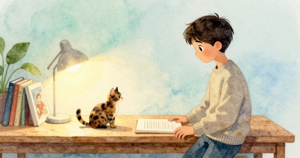 圖書館閉館時刻,溫暖燈光映照整齊桌面與散落書籍,圖書館員推車收尾,展現寧靜結局與安定氣氛