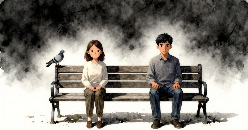 在薄霧中，Vera正在工作的長椅上，鴿子輕盈跳上座位，場景平和而溫暖