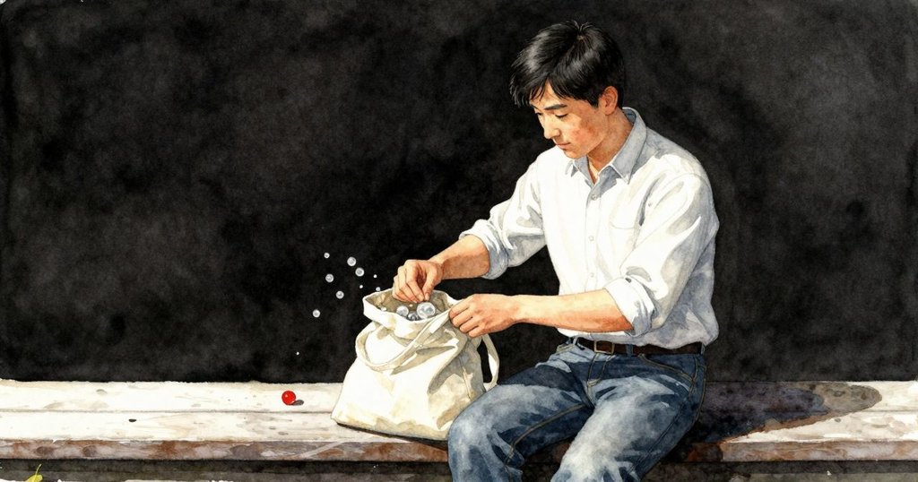 在早晨微光中，Blake坐於長椅一側，細心整理畫布袋中線團與玻璃珠，表情專注