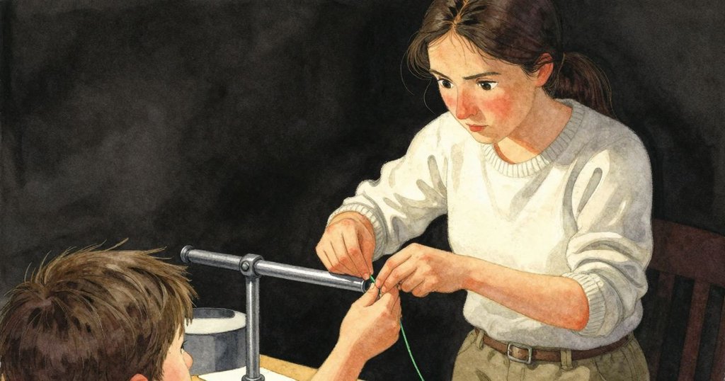 從Vera背後看，她正專注用手指捏著綠色蠟線在扶手上紮結，環境細節豐富