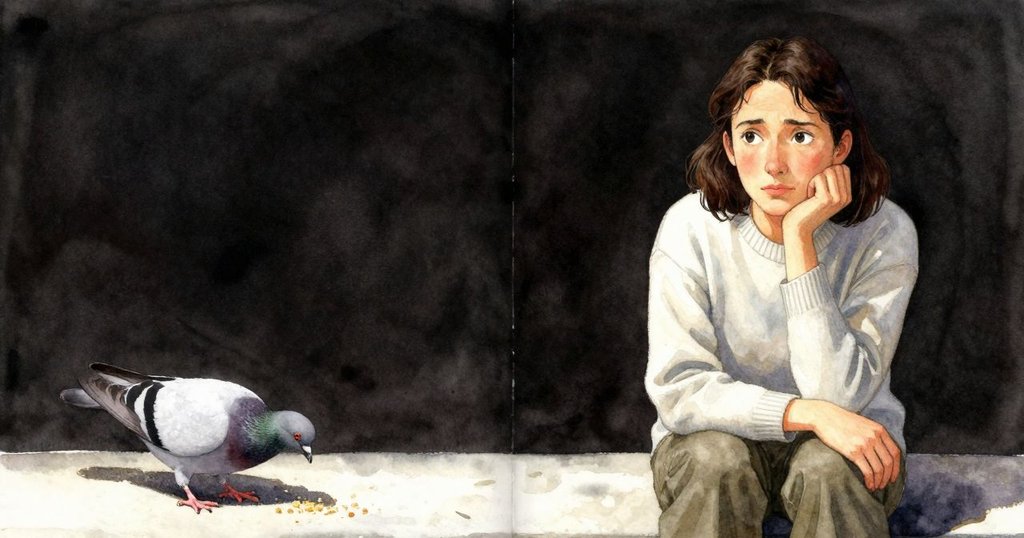 畫面一半顯示鴿子啄食碎屑並抓取粉紅線，另一半展現Vera沉思回憶，對比鮮明情緒流露