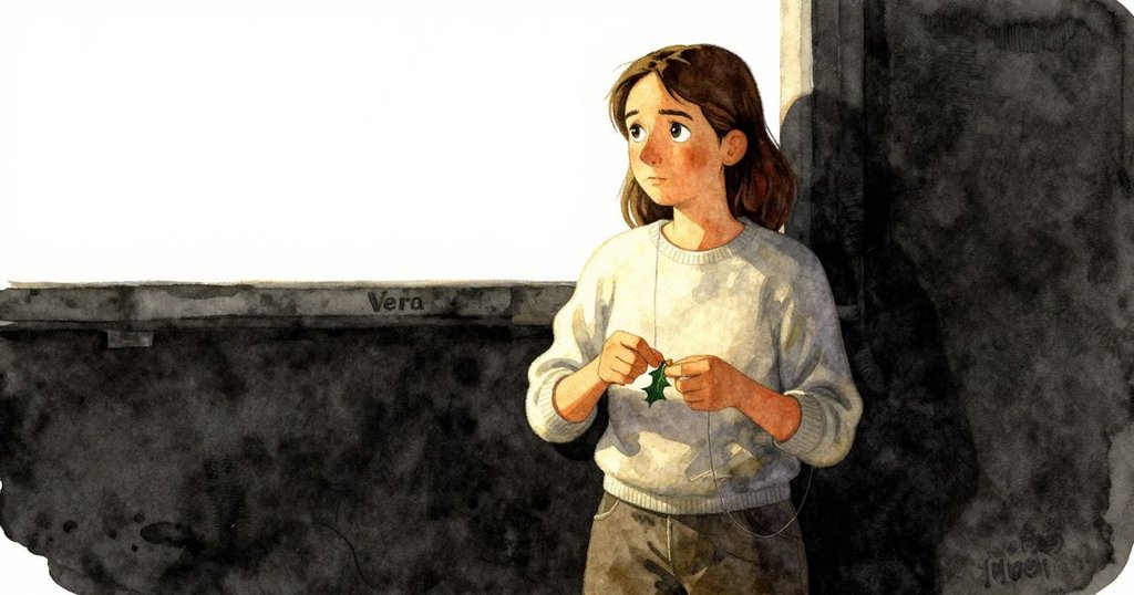 Vera以決心固定線團，用光滑冬青葉按壓黏點，望向遠方新希望，情緒穩定而堅毅