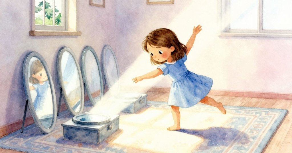 Tara在明亮室內調整新鏡子，光束斜射在花紋地毯上，房間角落有書架與窗簾，氛圍溫暖