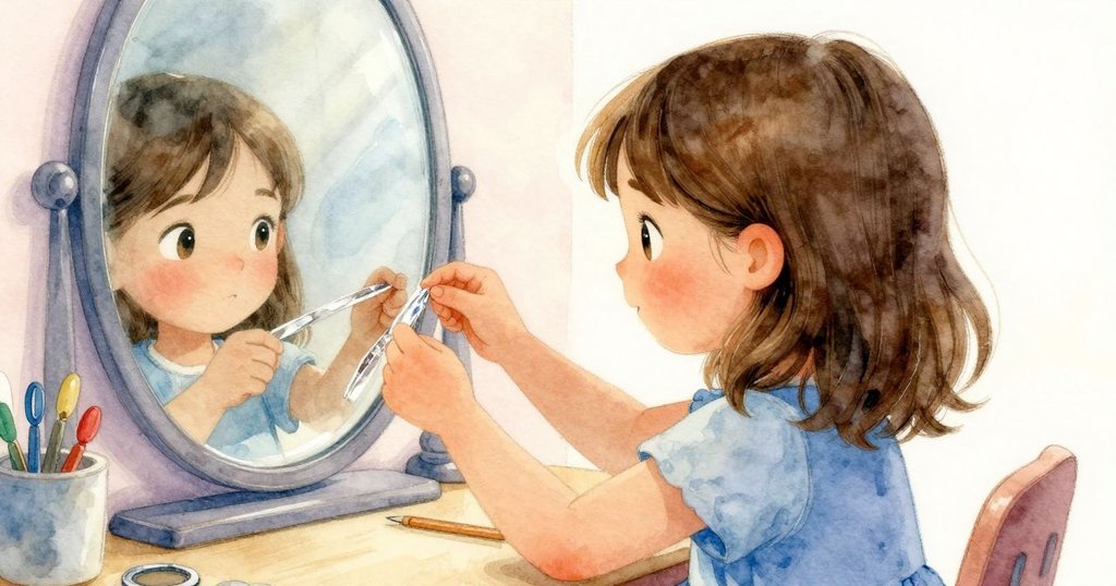 Tara專注地捏著鏡後鋁箔，臉上流露堅定好奇，背景略帶桌面工具與柔和光線